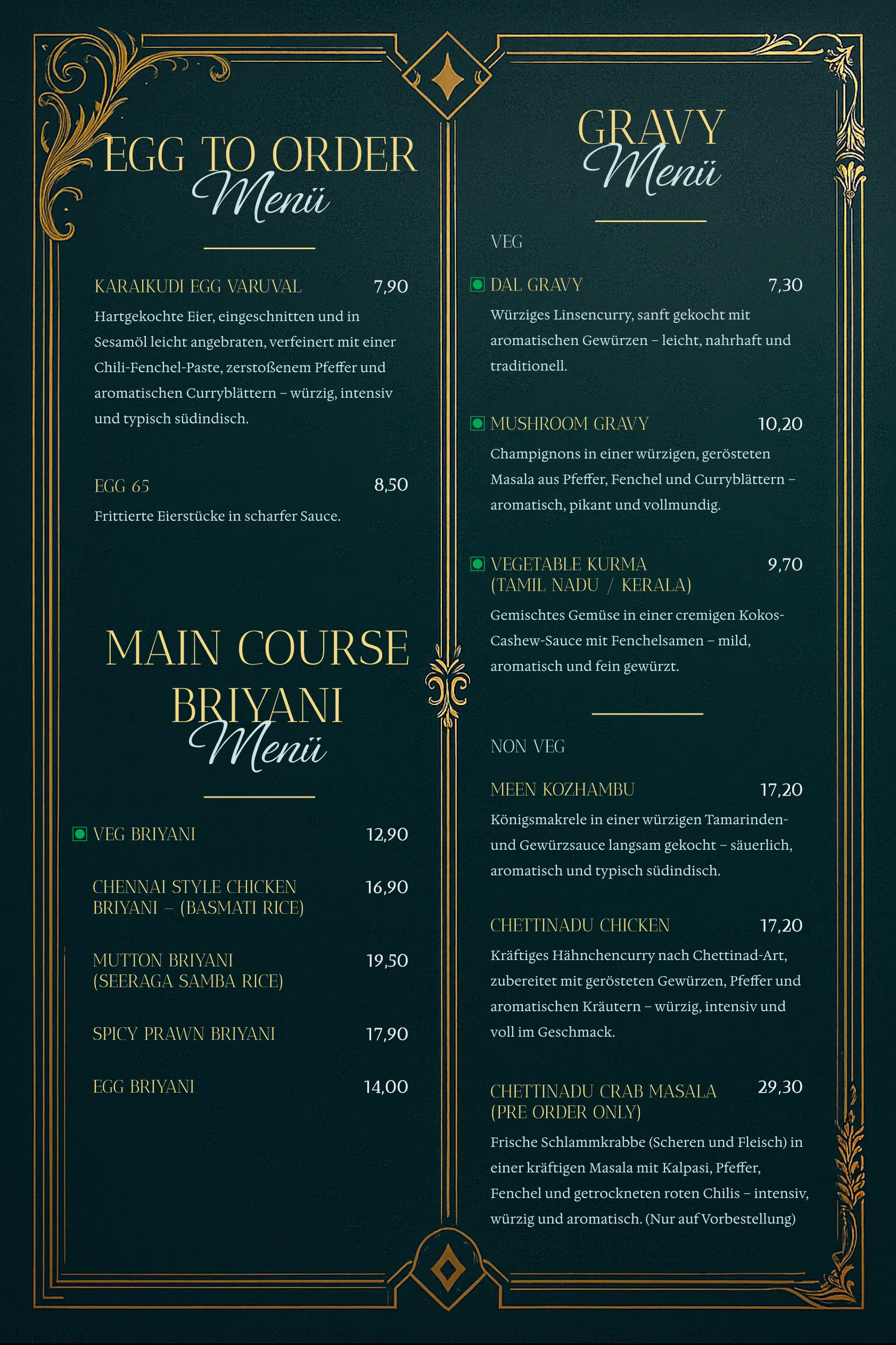 Egg, Biryani and Gravy menu card