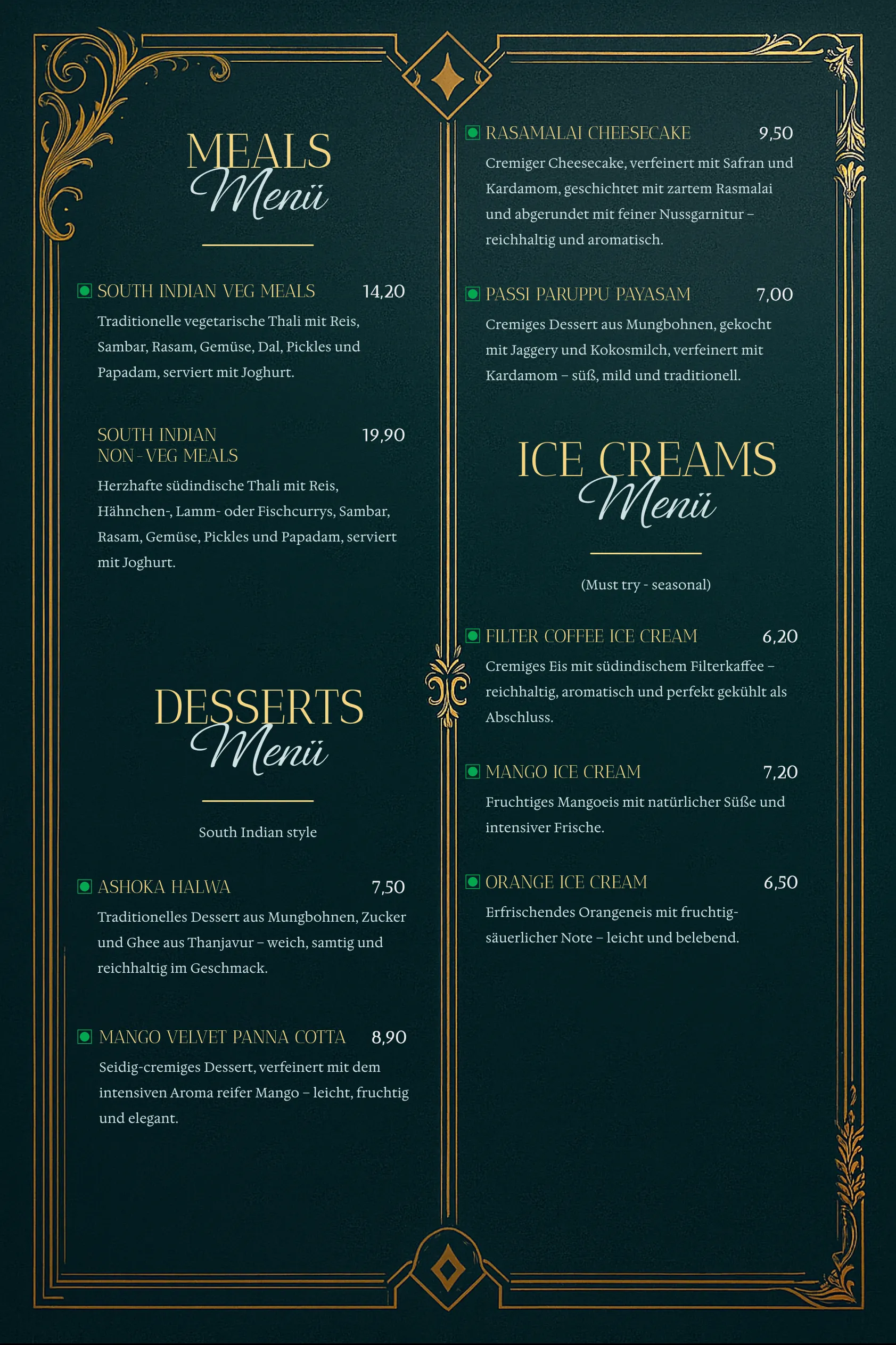 Meals, Desserts and Ice Cream menu card