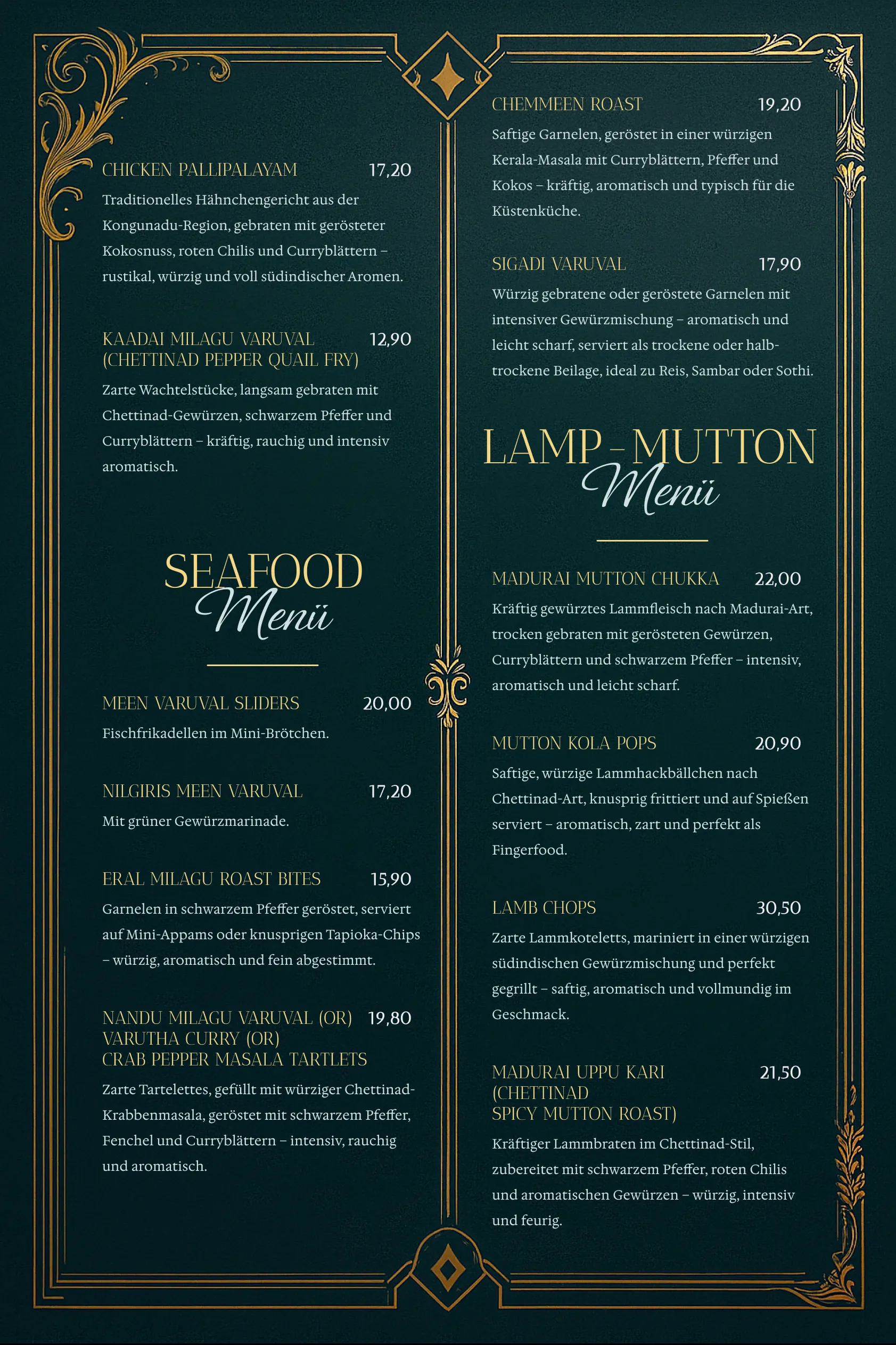 Seafood and Lamb menu card