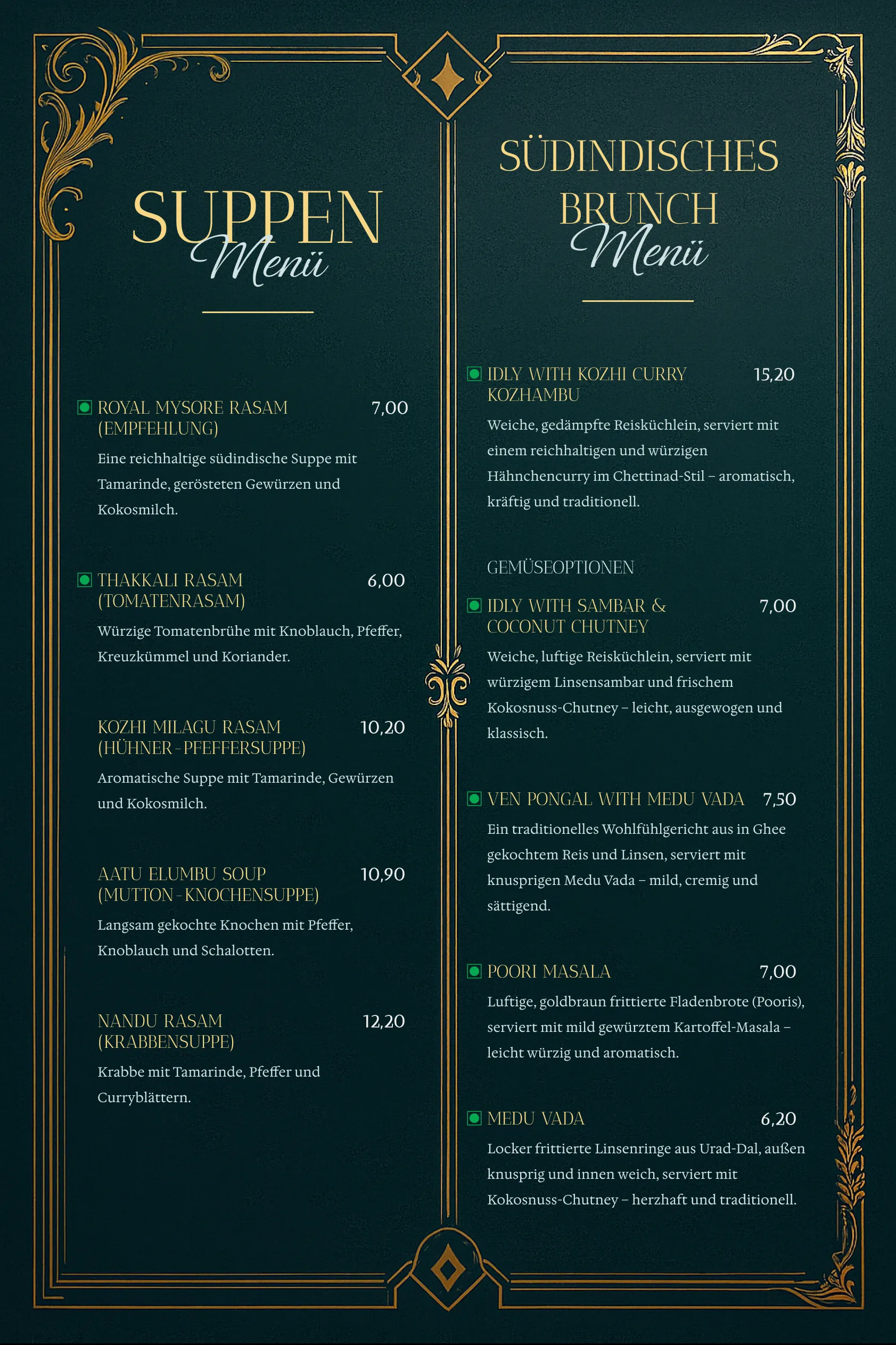 Suppen and South Indian brunch menu card