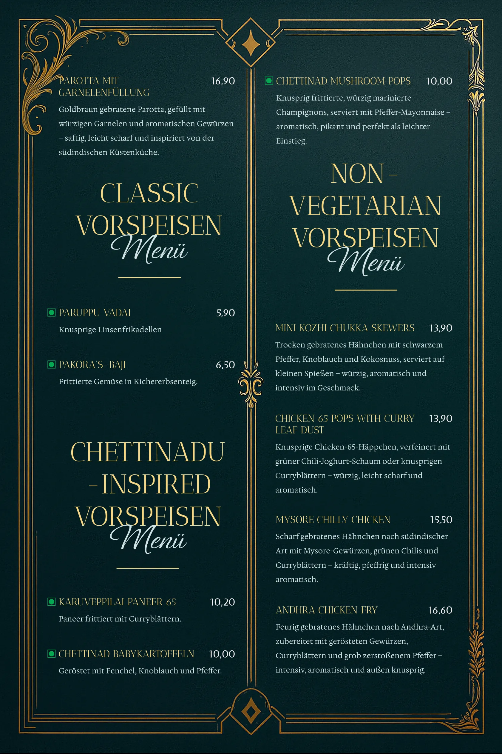 Vorspeisen menu card
